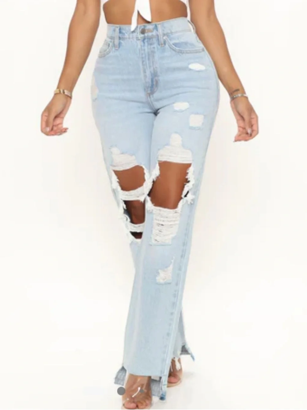 Amsterdam Ripped Straight Leg Jeans - Light Blue Wash - Picture 2 of 7